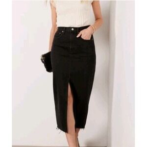 Pistola Women's 26 Alice High Rise Midi Skirt black Front Slit‎ Denim Raw Hem